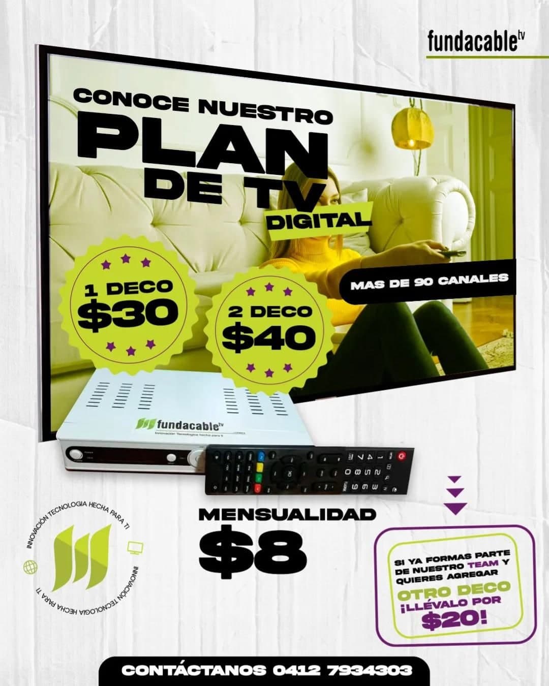 Pieza del plan de TV de FundaCable: el decodificador con su mando delante de un televisor encendido, con los precios rotulados que anunciaban entonces